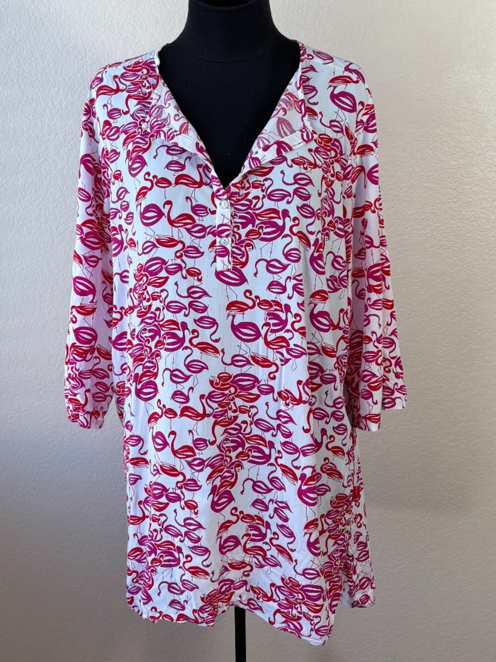 Josie by Natori Flamingo Print Tunic Top L Pink Resort Beach Cover Up